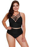 KaleaBoutique Strappy Neck Detail Black High Waist 2 PC Plus Size Swimsuit Tankini Set - KaleaBoutique.com