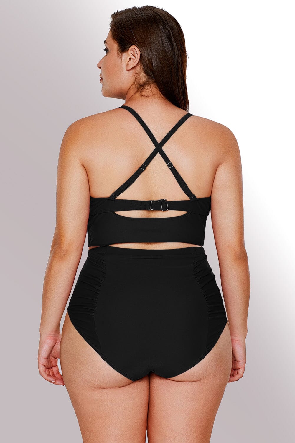 KaleaBoutique Strappy Neck Detail Black High Waist 2 PC Plus Size Swimsuit Tankini Set - KaleaBoutique.com