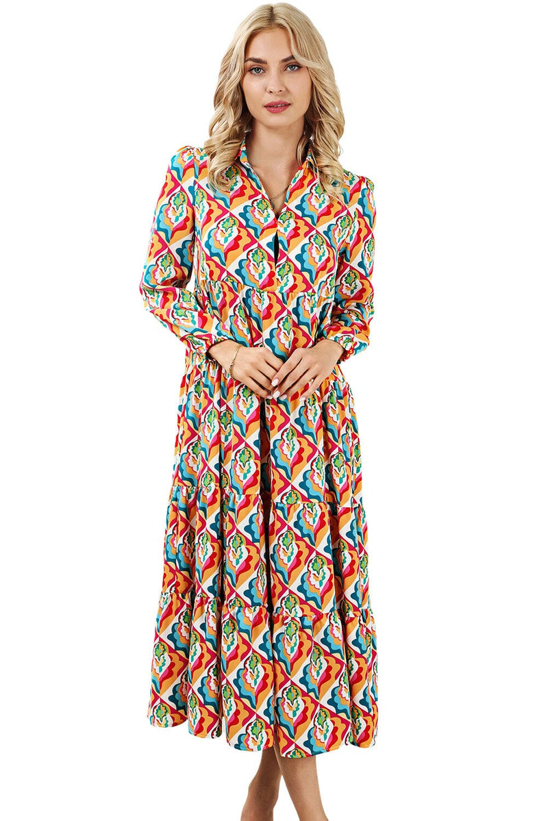 KaleaBoutique Stylish Abstract Geometric Print Long Sleeve High Waist Dress - KaleaBoutique.com