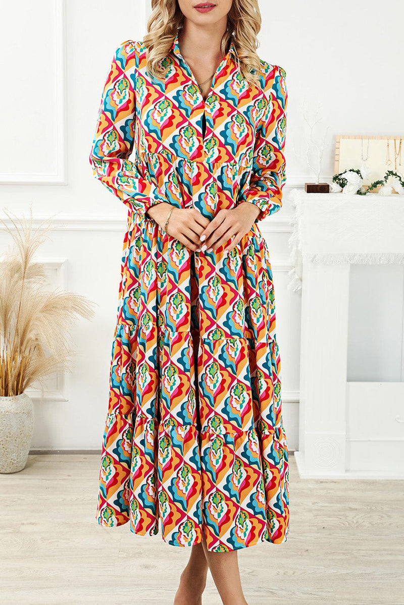 KaleaBoutique Stylish Abstract Geometric Print Long Sleeve High Waist Dress - KaleaBoutique.com