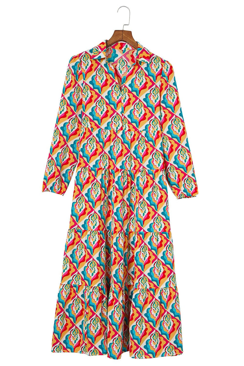 KaleaBoutique Stylish Abstract Geometric Print Long Sleeve High Waist Dress - KaleaBoutique.com