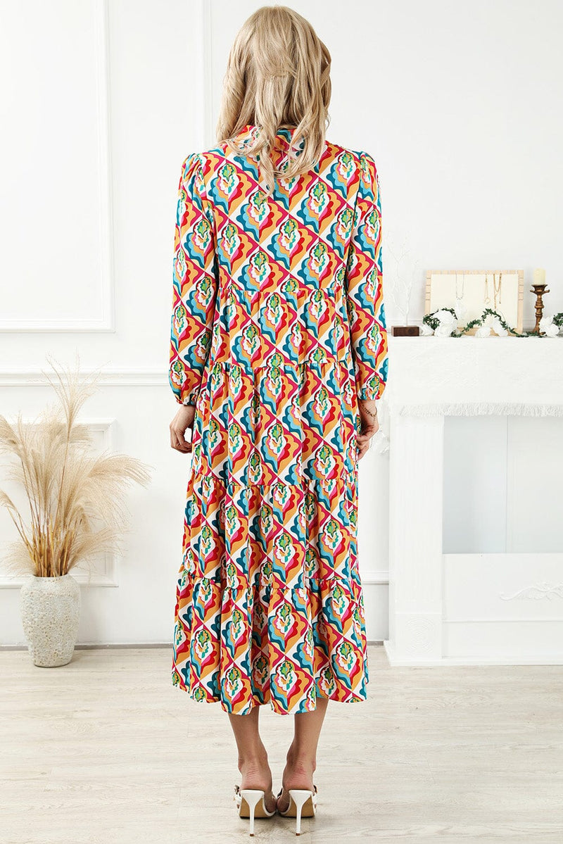 KaleaBoutique Stylish Abstract Geometric Print Long Sleeve High Waist Dress - KaleaBoutique.com