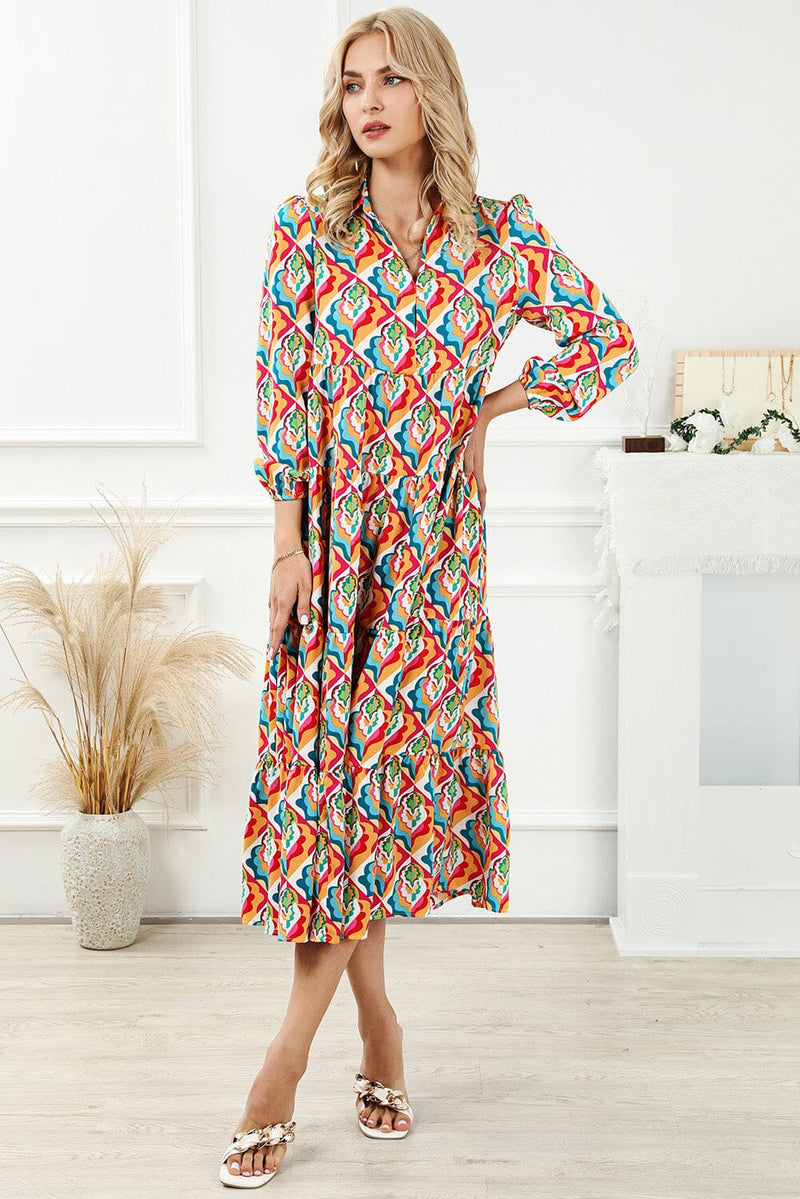 KaleaBoutique Stylish Abstract Geometric Print Long Sleeve High Waist Dress - KaleaBoutique.com