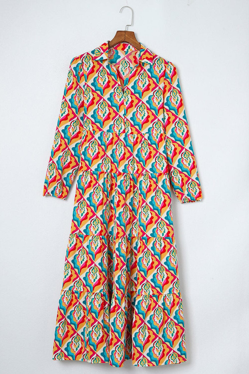 KaleaBoutique Stylish Abstract Geometric Print Long Sleeve High Waist Dress - KaleaBoutique.com