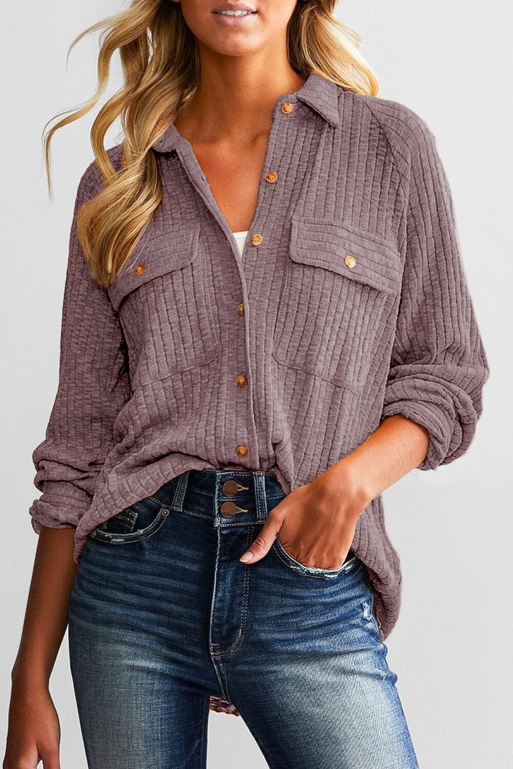 KaleaBoutique Stylish Button Flap Pocket Ribbed Knit Shacket - KaleaBoutique.com