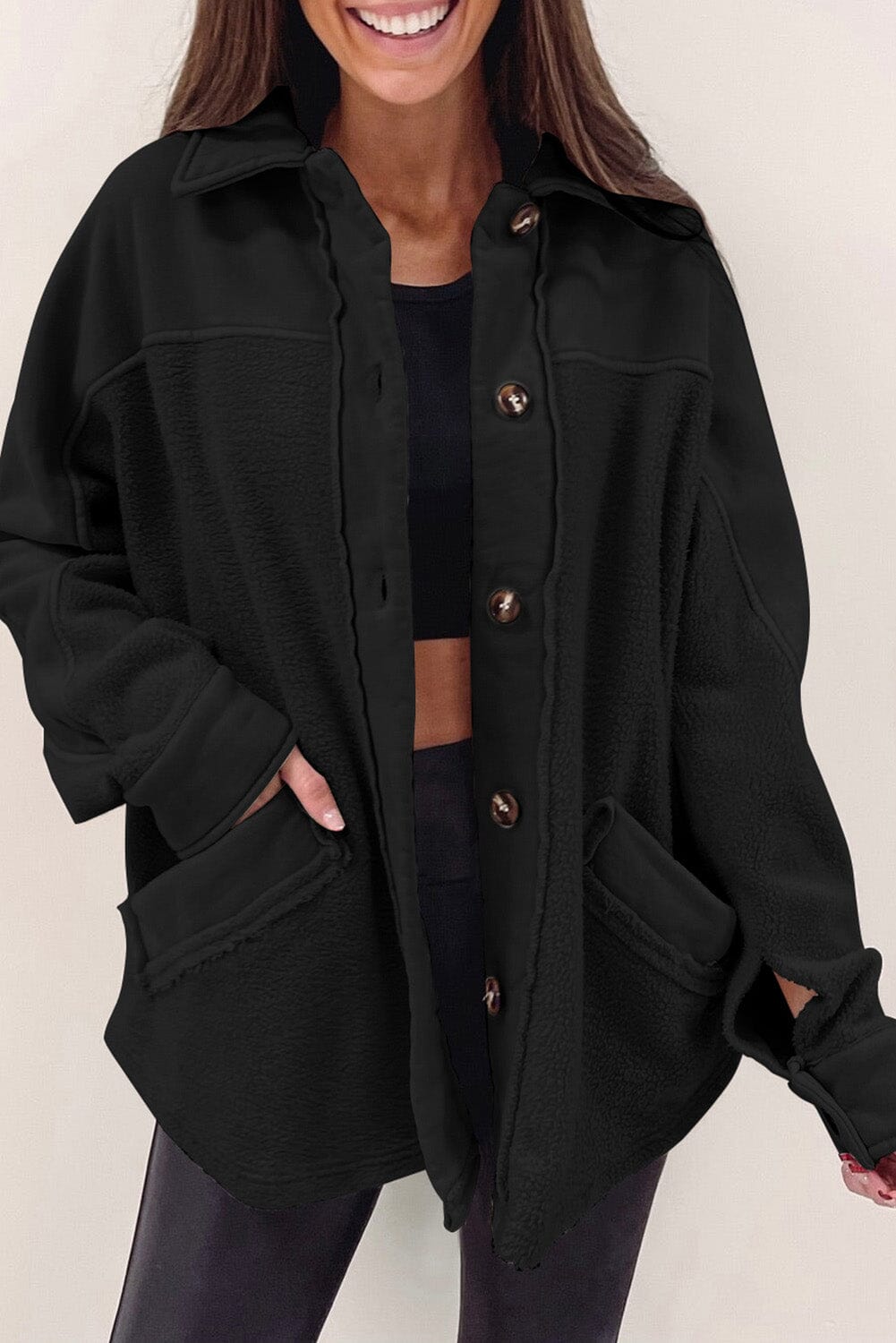 KaleaBoutique Stylish Button-Up Stitching Pocket Raw Hem Shacket - KaleaBoutique.com