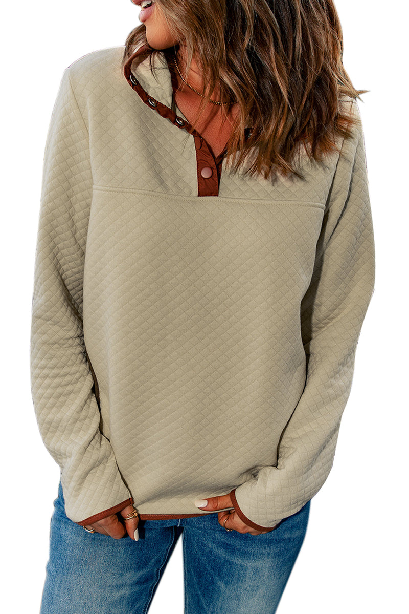 KaleaBoutique Stylish Contrast Binding Snap Button Geometric Pullover Sweatshirt - KaleaBoutique.com