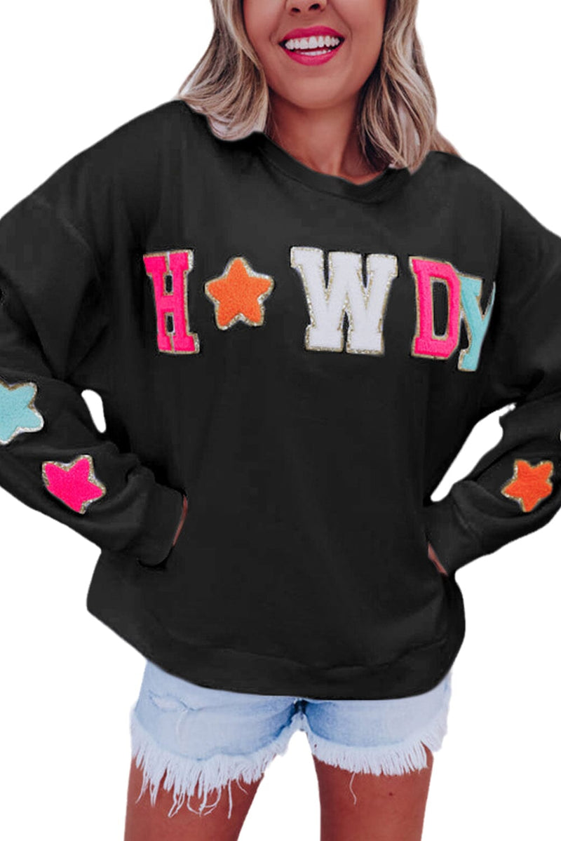 KaleaBoutique Stylish Glitter Howdy Patch Graphic Casual Sweatshirt - KaleaBoutique.com