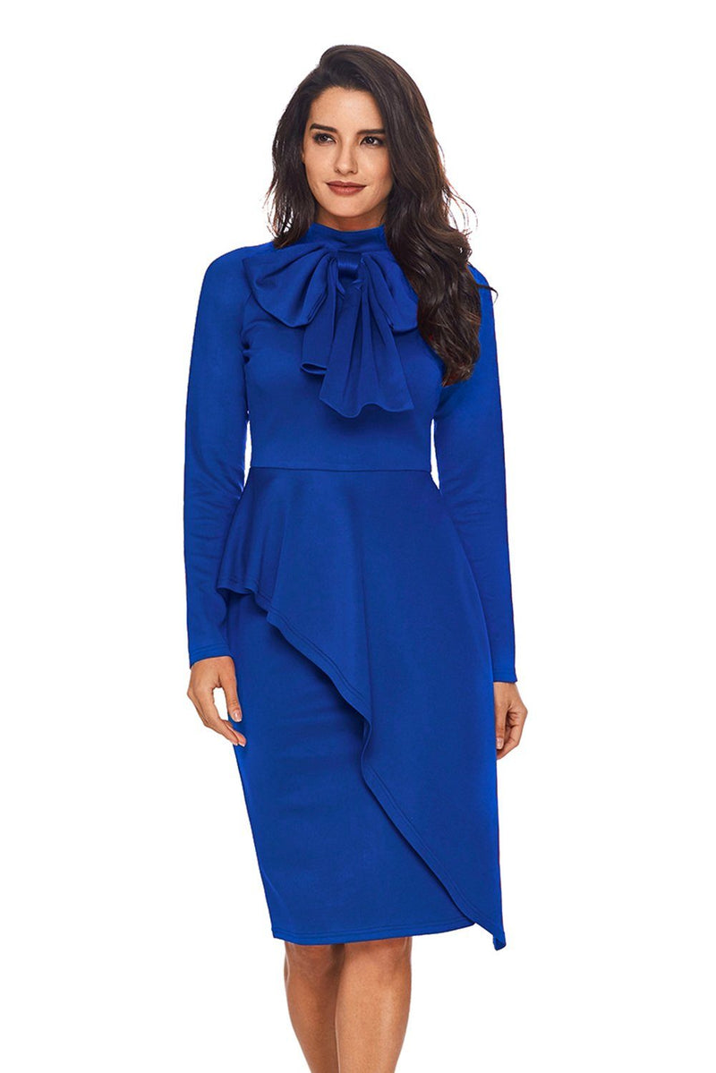 KaleaBoutique Stylish Royal  Asymmetric Peplum Style Bow Dress - KaleaBoutique.com