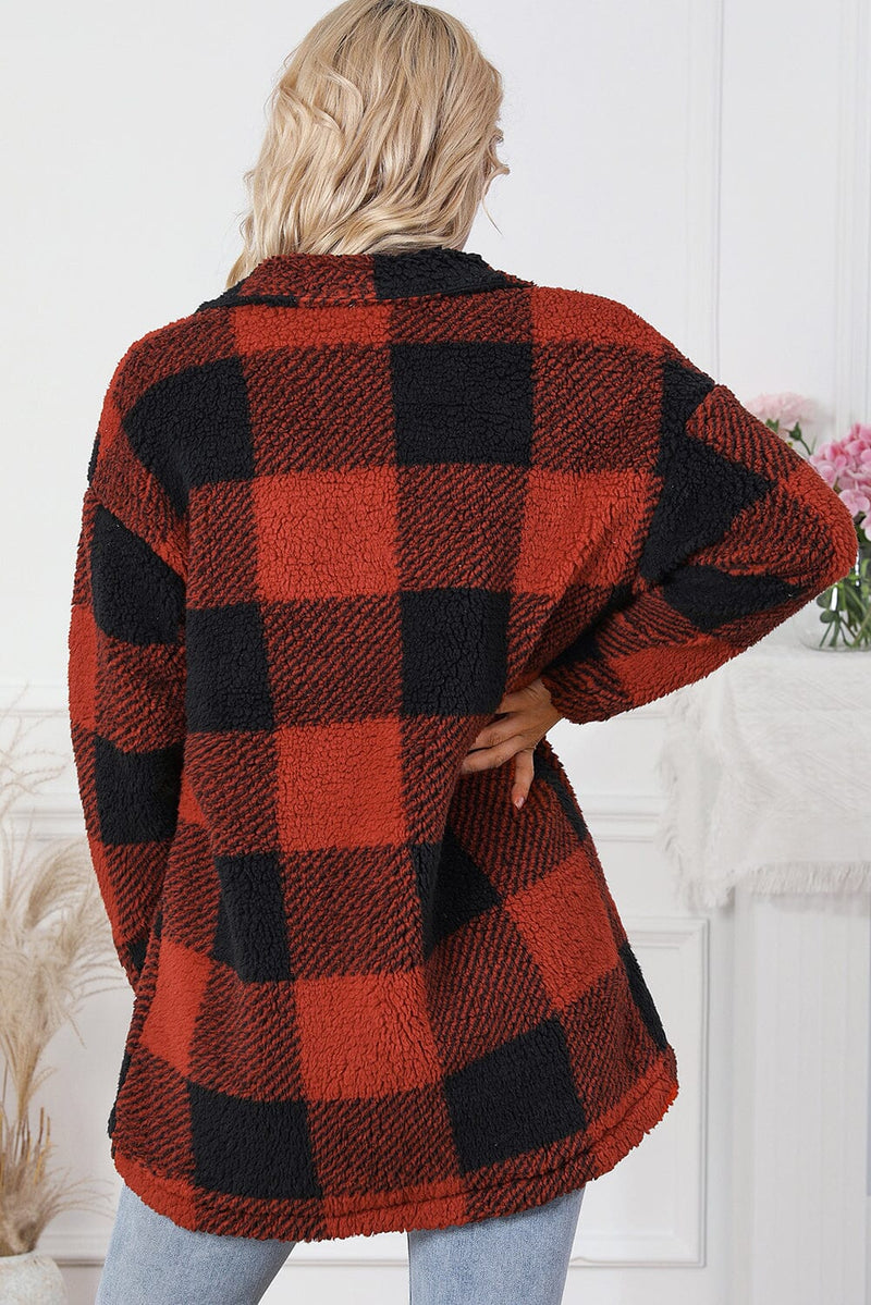 KaleaBoutique Stylish Warm Fuzzy Plaid Flap Button Up Midi Coat - KaleaBoutique.com