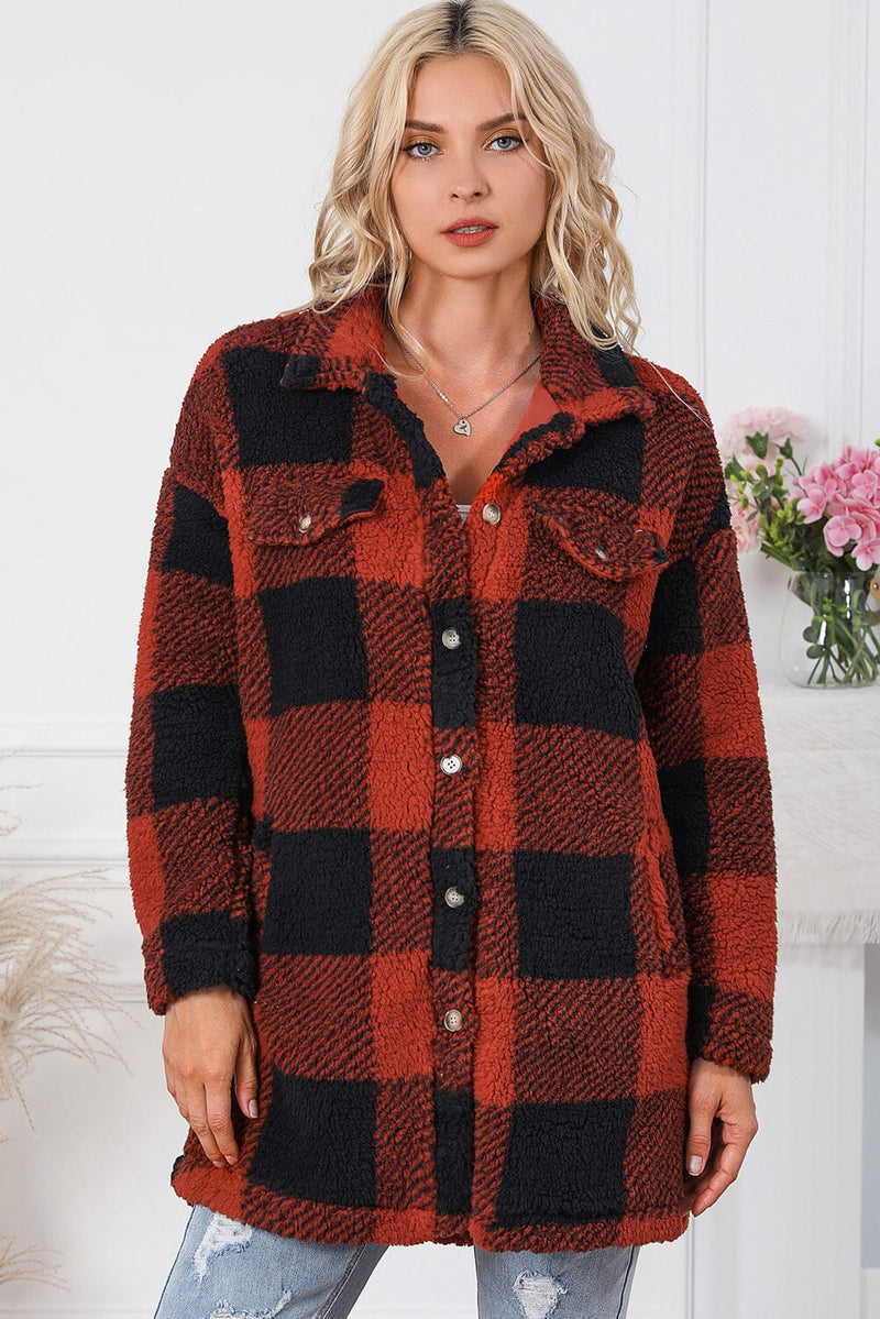 KaleaBoutique Stylish Warm Fuzzy Plaid Flap Button Up Midi Coat - KaleaBoutique.com