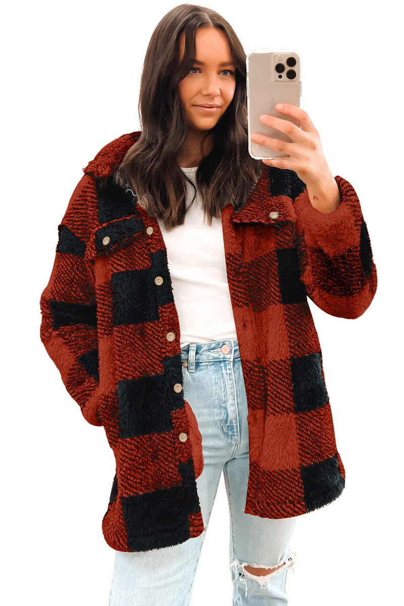 KaleaBoutique Stylish Warm Fuzzy Plaid Flap Button Up Midi Coat - KaleaBoutique.com