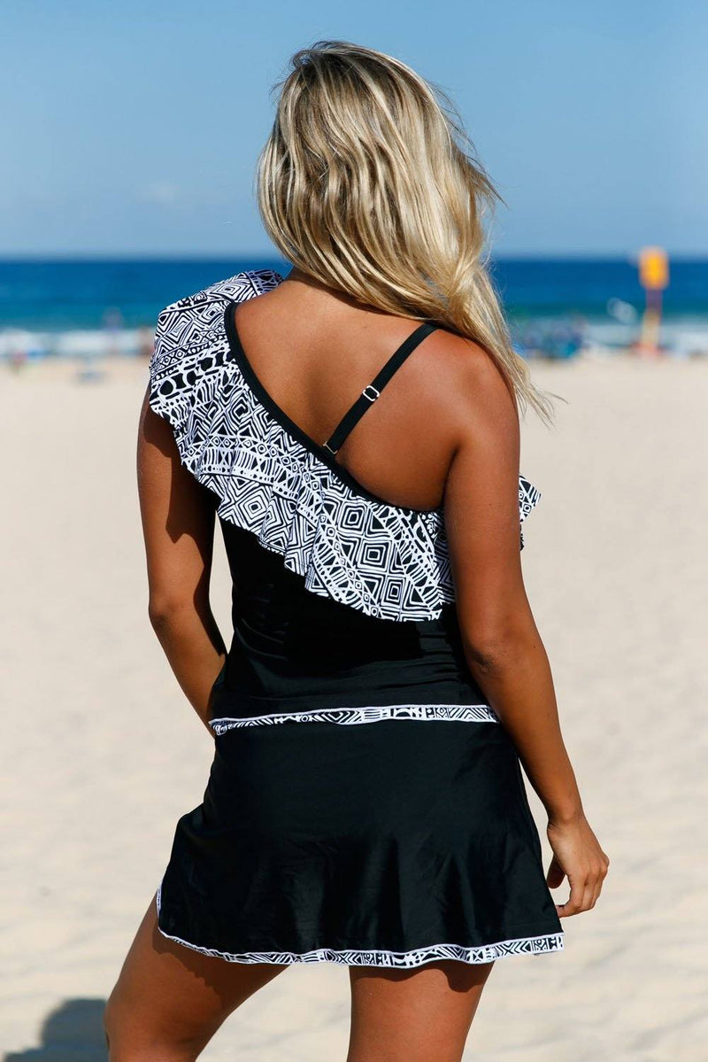 KaleaBoutique Tribal Geometry Ruffle One Shoulder Tankini Swimsuit - KaleaBoutique.com