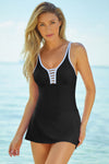 KaleaBoutique White Trim Deep V Neck Side Split One-piece Sarong Swim Dress Swimsuit - KaleaBoutique.com