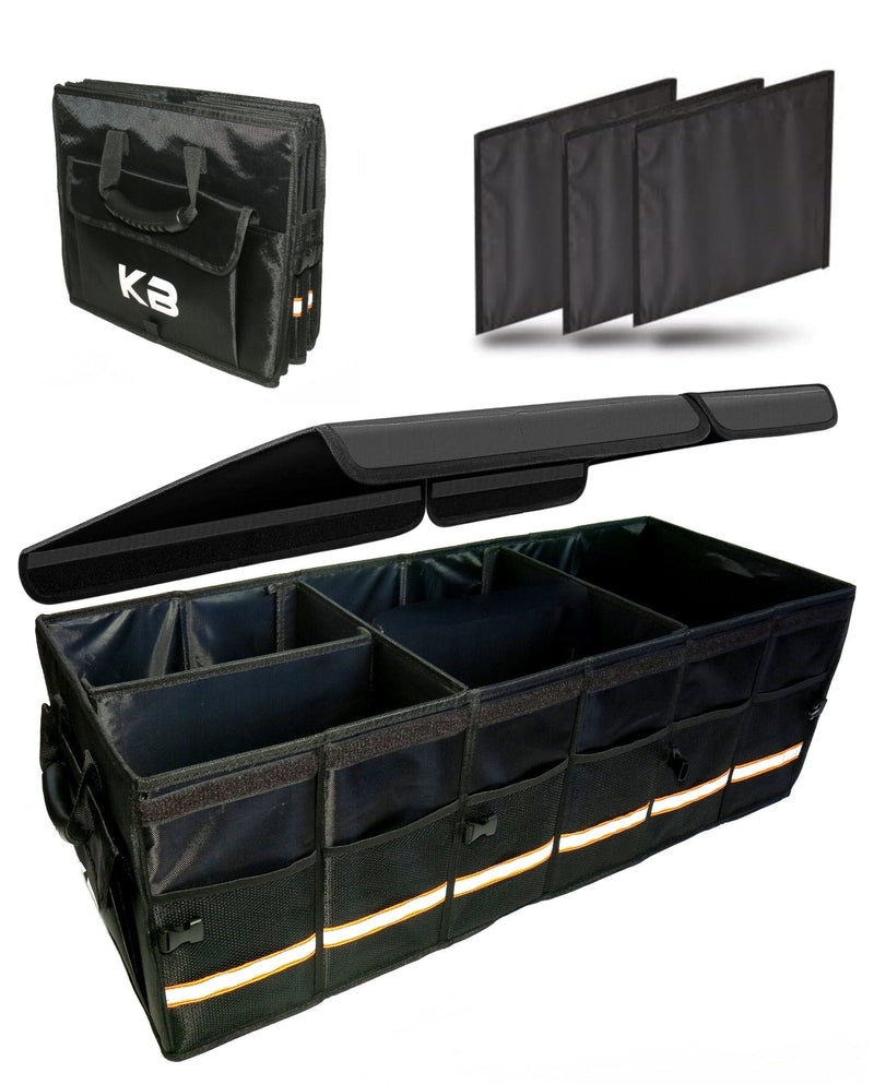 KB XX-Large Car Trunk Organizer, SUV Trunk Organizer With Cover, Heavy Duty Collapsible Truck Bed Storage, Car Caddy Organizer, Van Trunk Back Seat Organizer with Dual Lids (Black) - KaleaBoutique.com