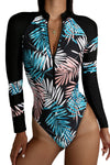 KaleaBoutique Beautiful Leaves Print Zip-Up Long Sleeve Surf Rash Guard Swimwear - KaleaBoutique.com