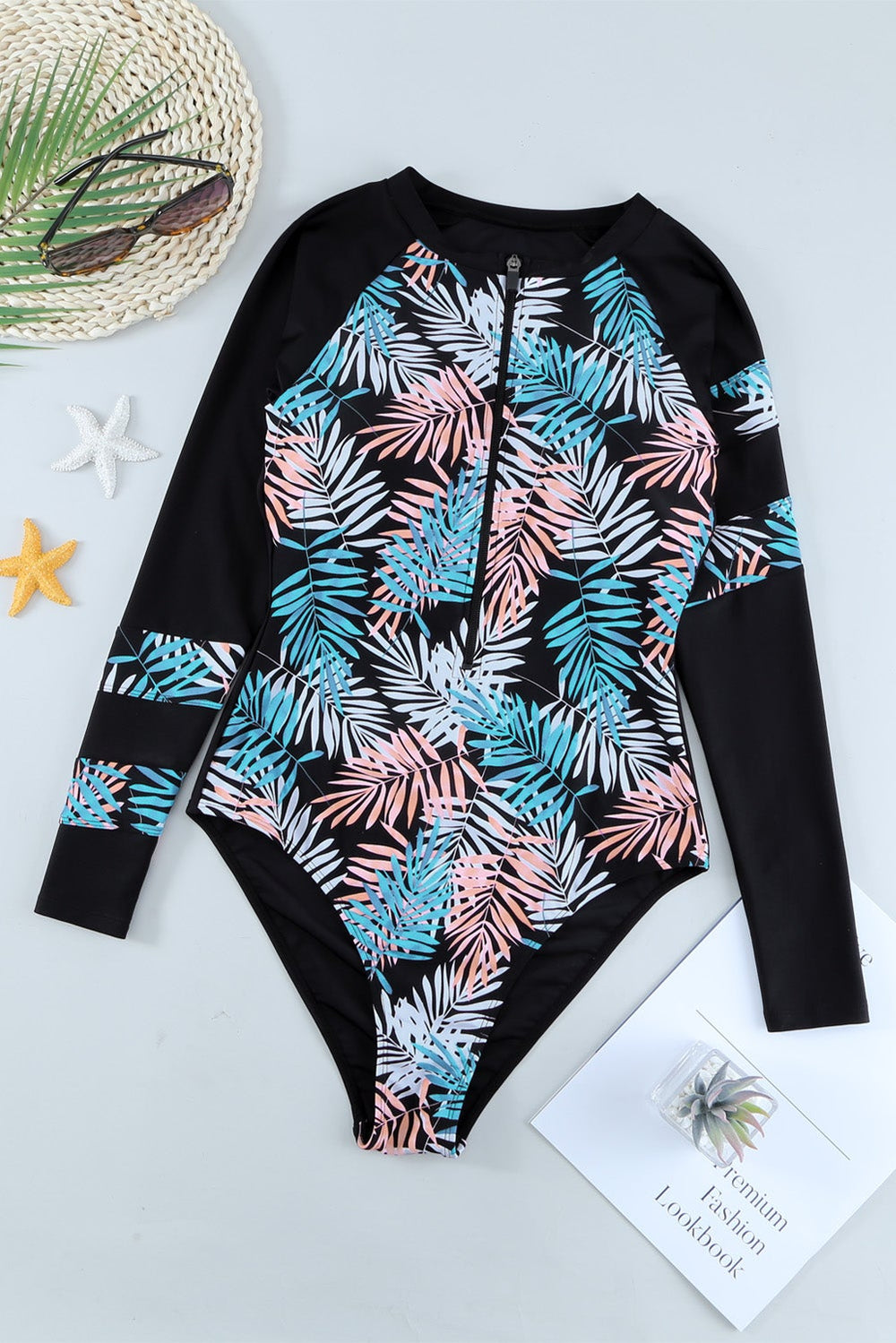 KaleaBoutique Beautiful Leaves Print Zip-Up Long Sleeve Surf Rash Guard  Swimwear