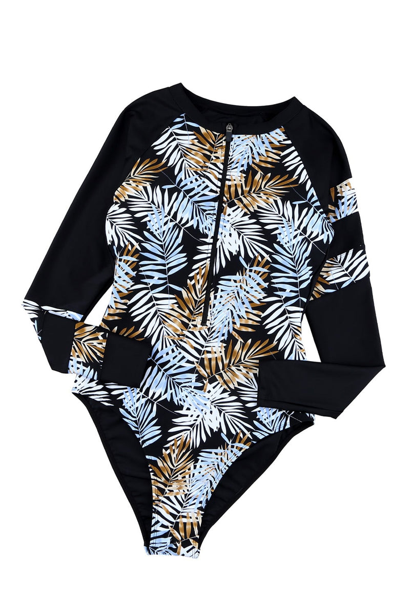 KaleaBoutique Beautiful Leaves Print Zip-Up Long Sleeve Surf Rash Guard Swimwear - KaleaBoutique.com