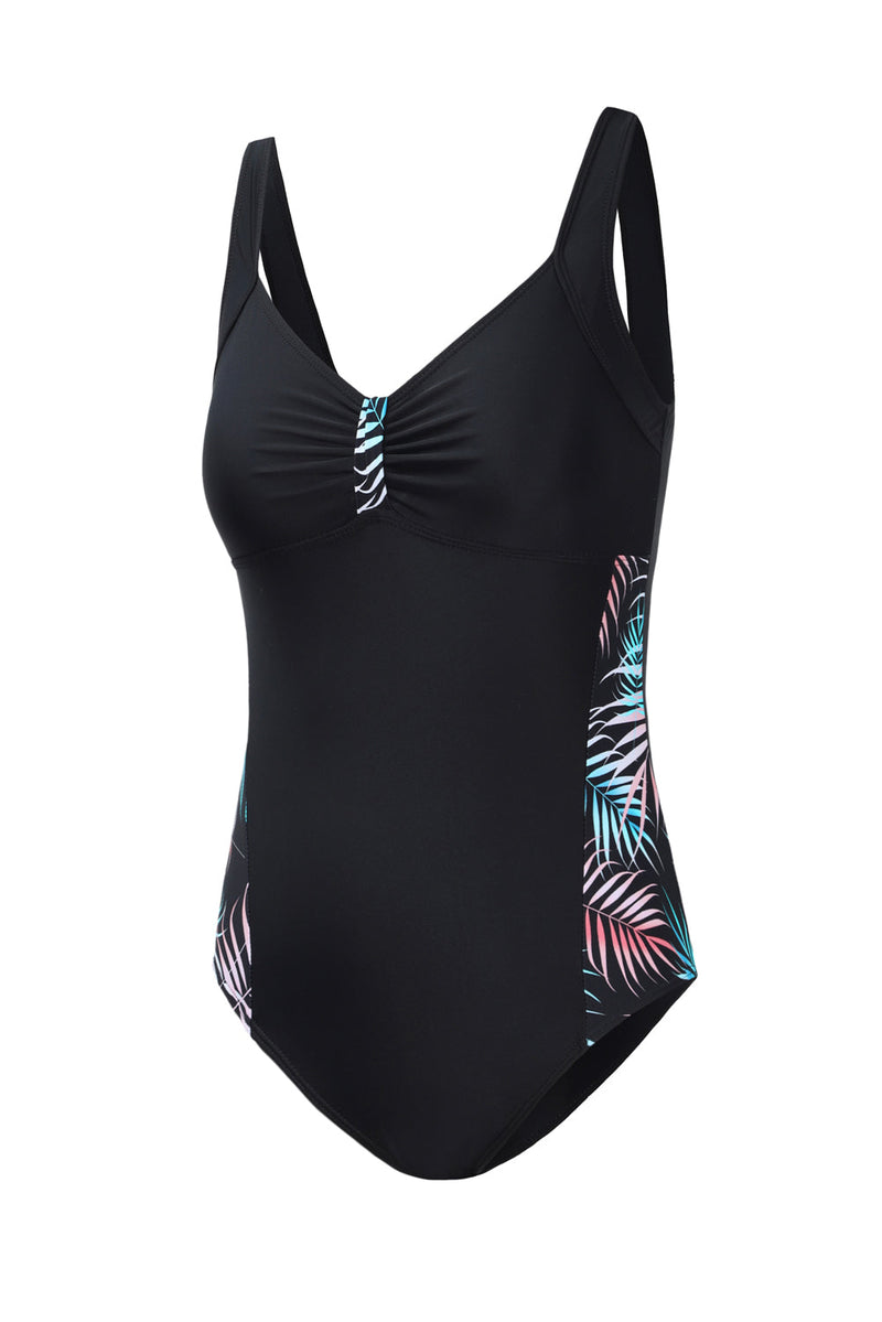 KaleaBoutique Leaves Splicing Ruched Front Open Back One-Piece Swimsuit - KaleaBoutique.com