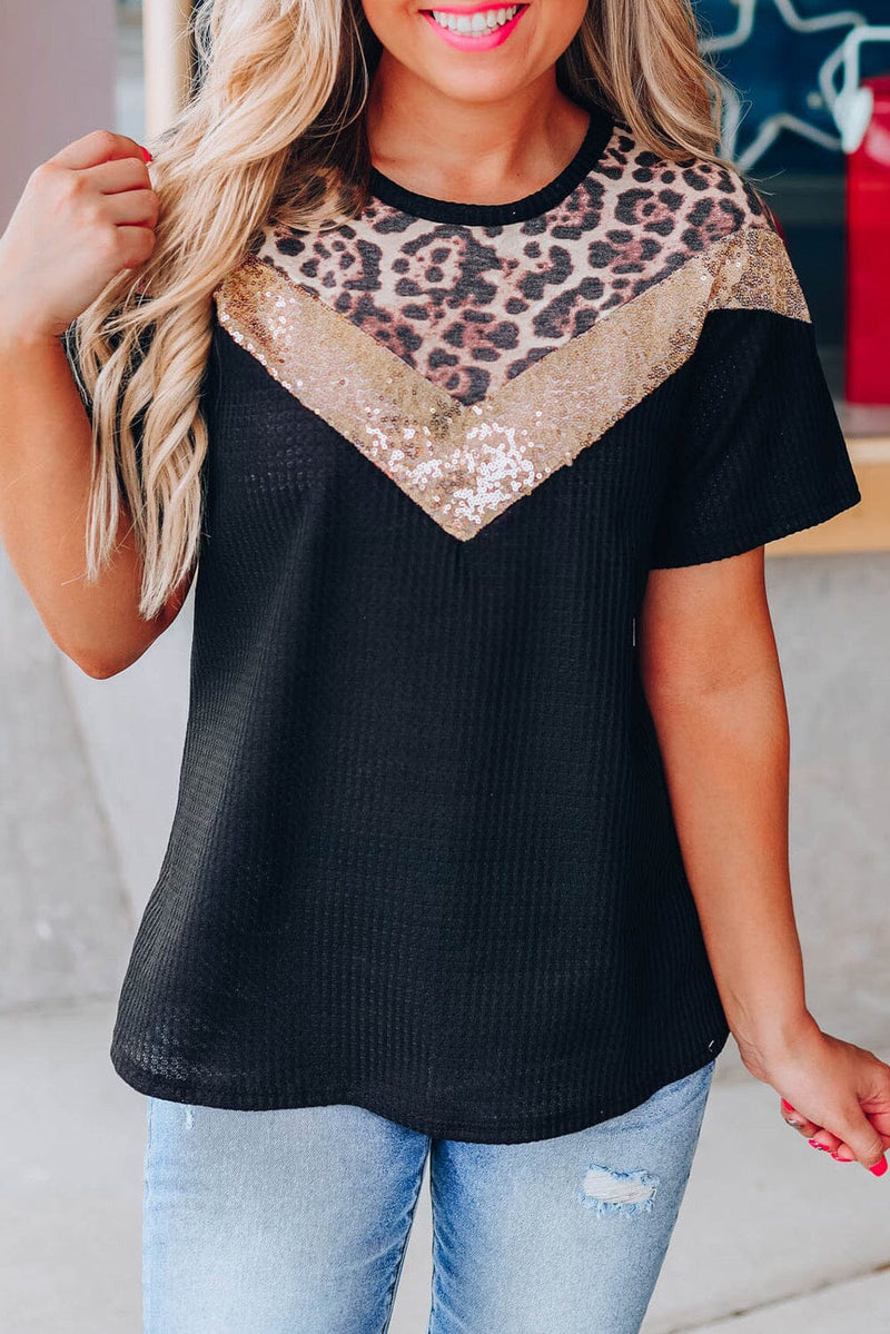 KaleaBoutique Leopard Animal Print Top Sequin Waffle Knit Short Sleeve Relaxed Fit T-shirt - KaleaBoutique.com
