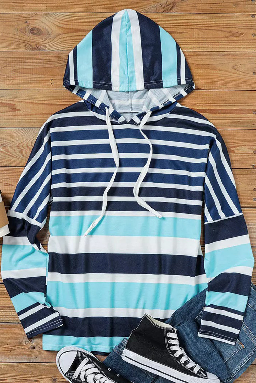 Multi Striped Drawstring Long Sleeve Hoodie - KaleaBoutique.com