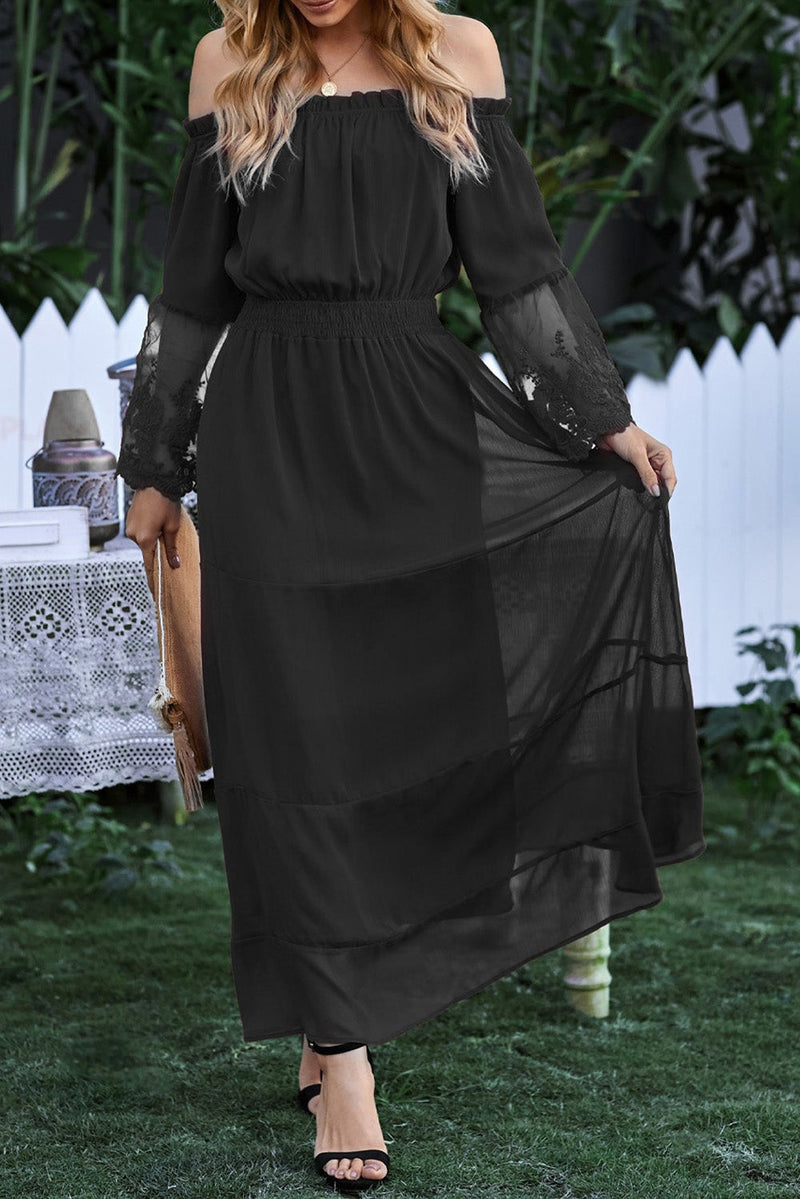 KaleaBoutique Beautiful Off Shoulder Embroidered Flared Sleeve Lace Maxi Dress - KaleaBoutique.com
