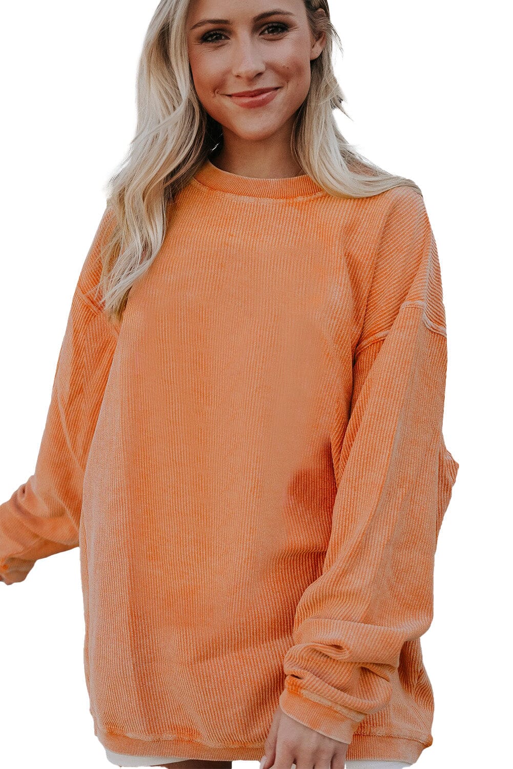 KaleaBoutique Stylish Orange Ribbed Corded Oversized Sweatshirt - KaleaBoutique.com