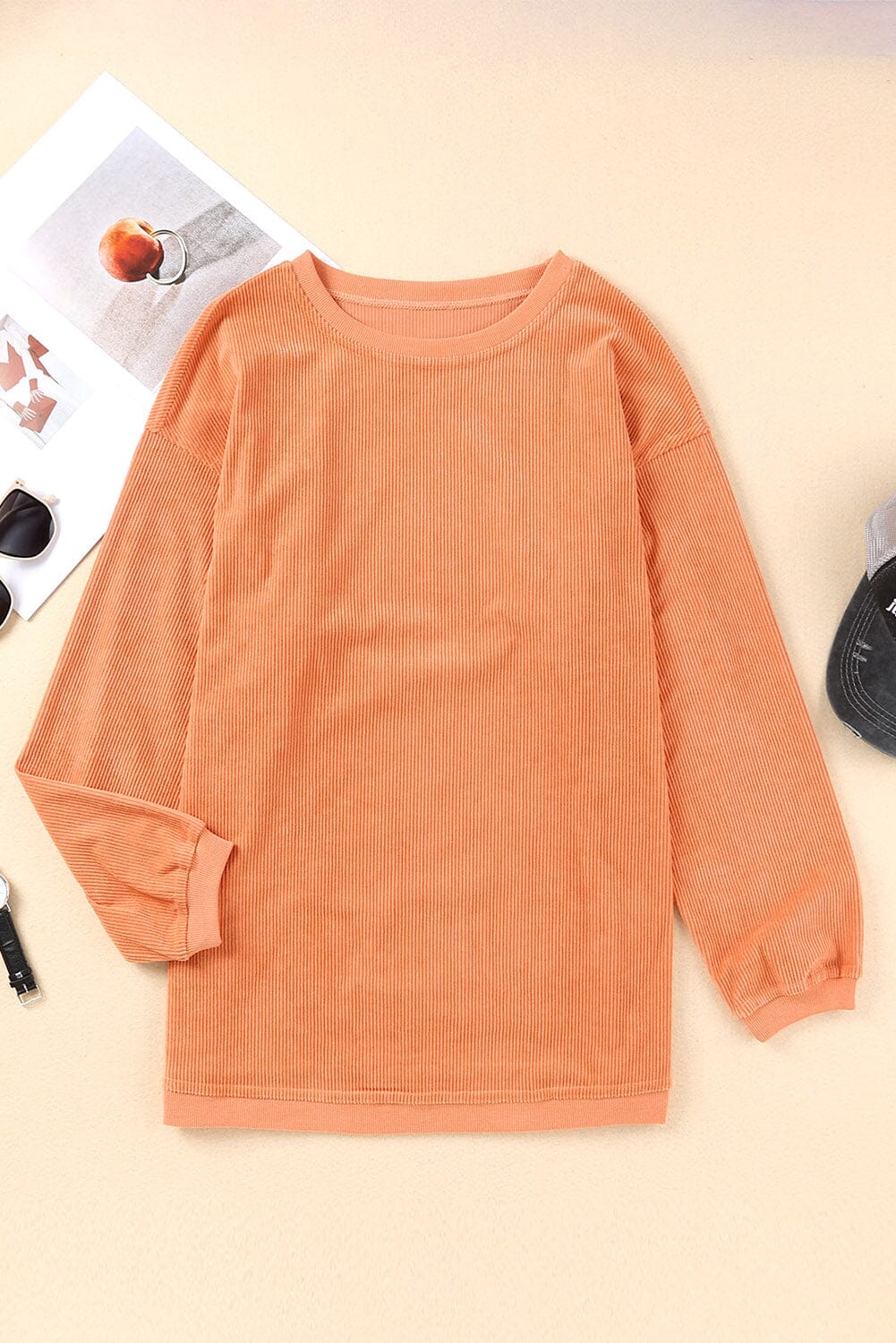 KaleaBoutique Stylish Orange Ribbed Corded Oversized Sweatshirt - KaleaBoutique.com