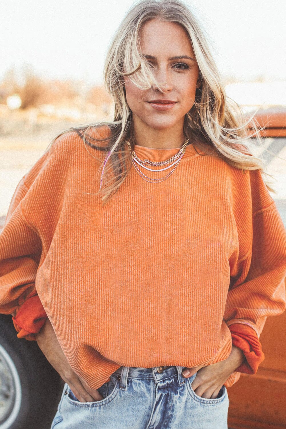 KaleaBoutique Stylish Orange Ribbed Corded Oversized Sweatshirt - KaleaBoutique.com