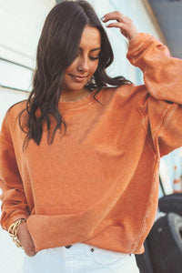 KaleaBoutique Stylish Orange Ribbed Corded Oversized Sweatshirt - KaleaBoutique.com