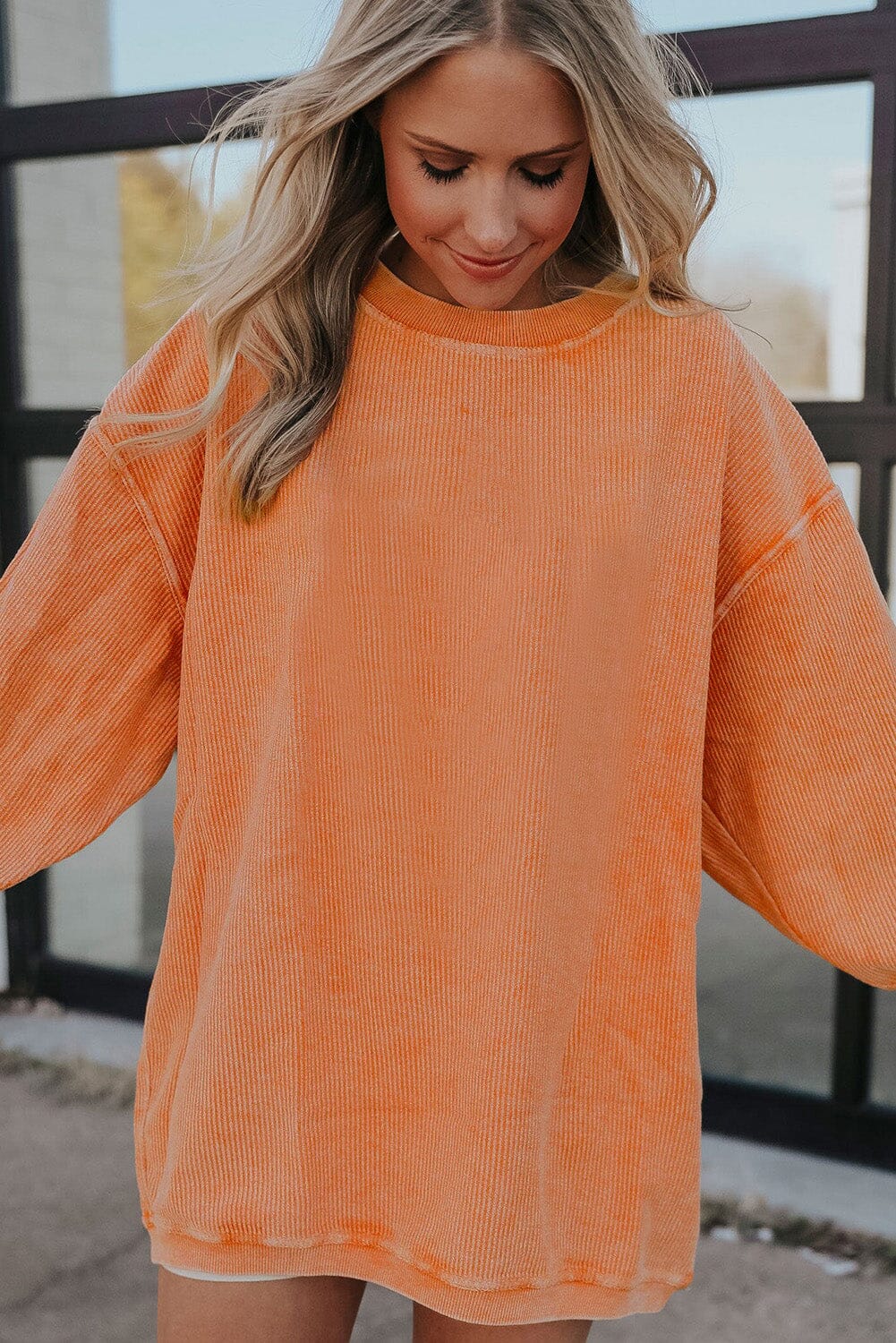 KaleaBoutique Stylish Orange Ribbed Corded Oversized Sweatshirt - KaleaBoutique.com