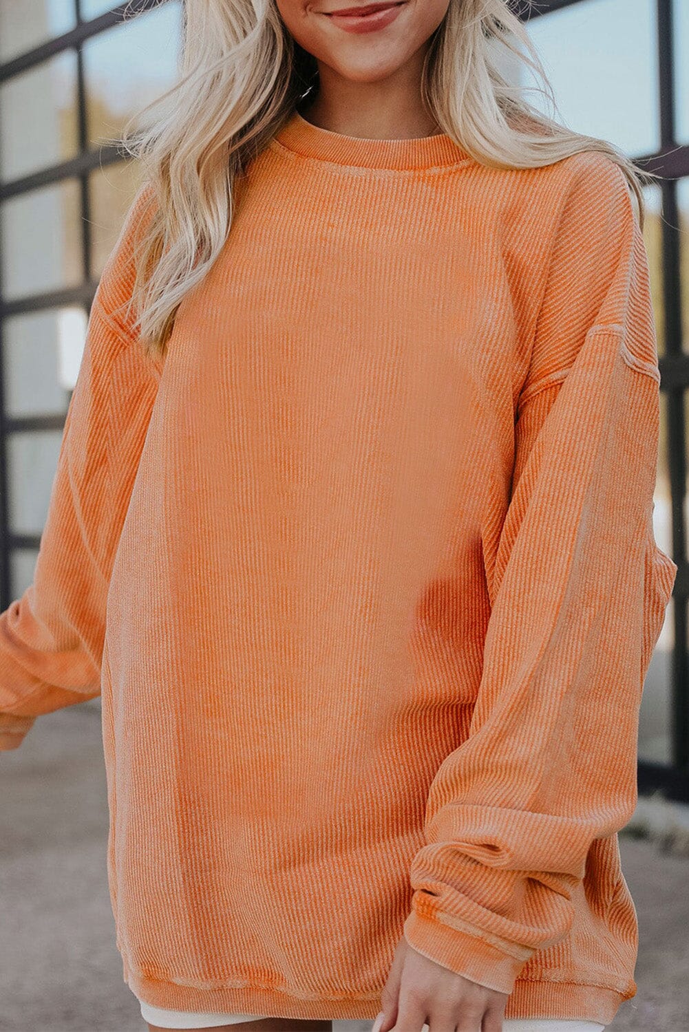 KaleaBoutique Stylish Orange Ribbed Corded Oversized Sweatshirt - KaleaBoutique.com