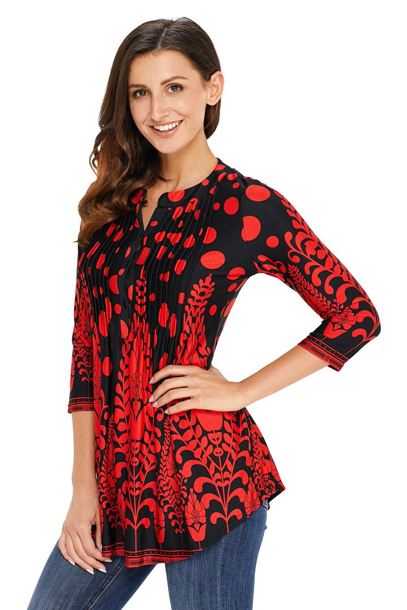 KaleaBoutique Stylish Red Floral Notch Neck Pin-tuck Tunic - KaleaBoutique.com