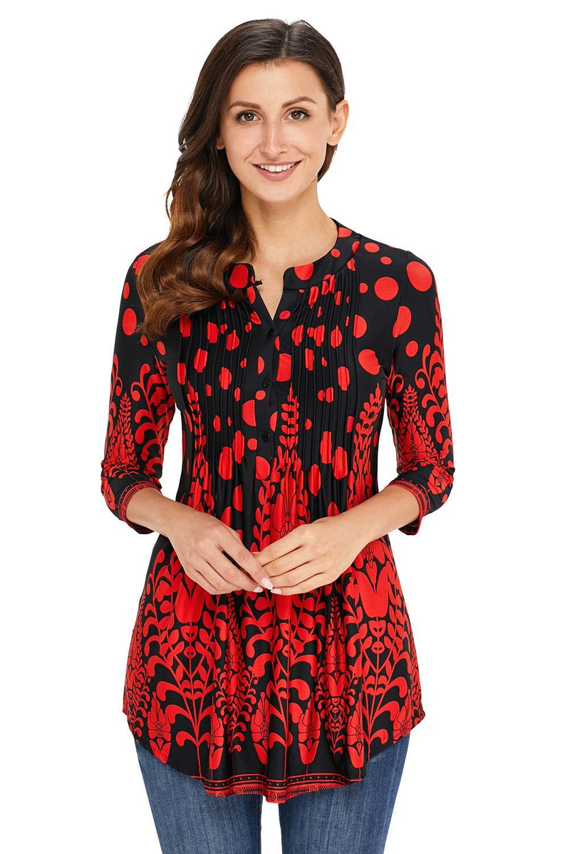 KaleaBoutique Stylish Red Floral Notch Neck Pin-tuck Tunic - KaleaBoutique.com
