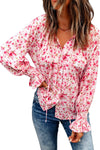 KaleaBoutique Stylish Red Floral Print Tie V Neck Button Up Blouse - KaleaBoutique.com