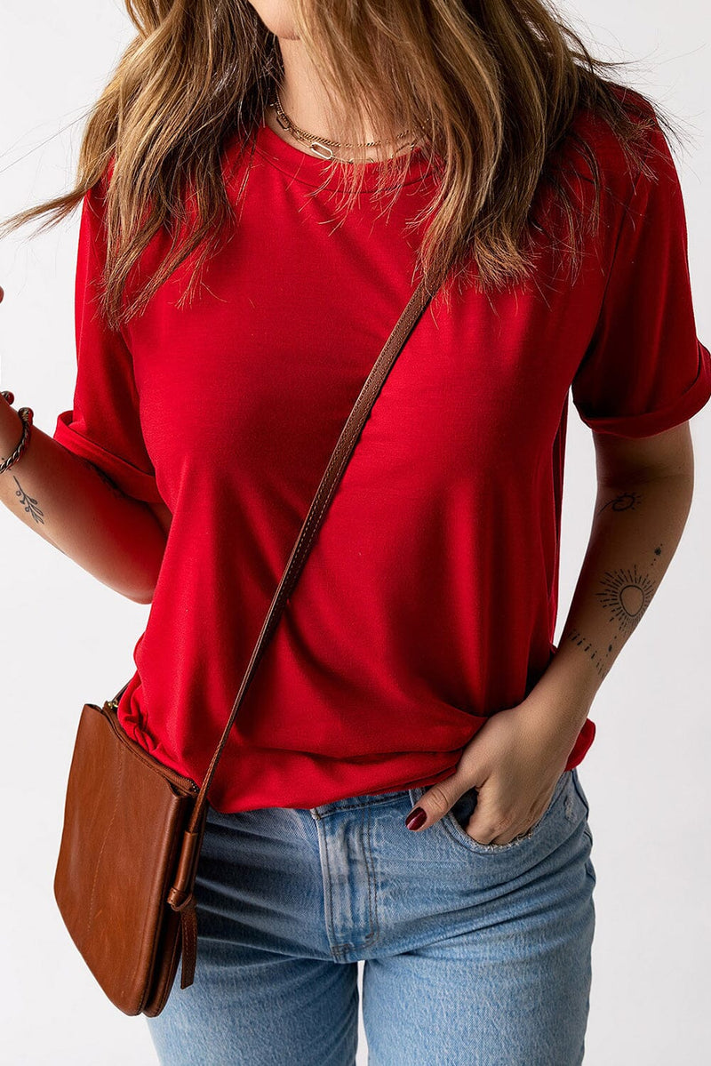 KaleaBoutique Red Solid Color T-shirt Top Crew Neck Casual Tee - KaleaBoutique.com