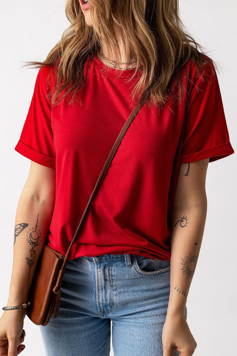 KaleaBoutique Red Solid Color T-shirt Top Crew Neck Casual Tee - KaleaBoutique.com