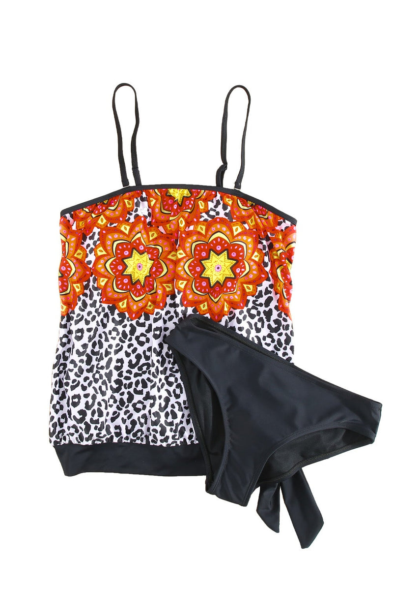 KaleaBoutique Stylish Retro Floral Leopard Pattern Strapless Tankini Set - KaleaBoutique.com