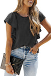 KaleaBoutique Ribbed Knit Ruffled Short Sleeve Top Round Neck Solid Casual Shirt - KaleaBoutique.com