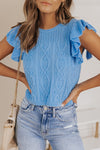 KaleaBoutique Solid Ruffle Sleeve Cable Knit Shirt Cropped Sweater Top - KaleaBoutique.com