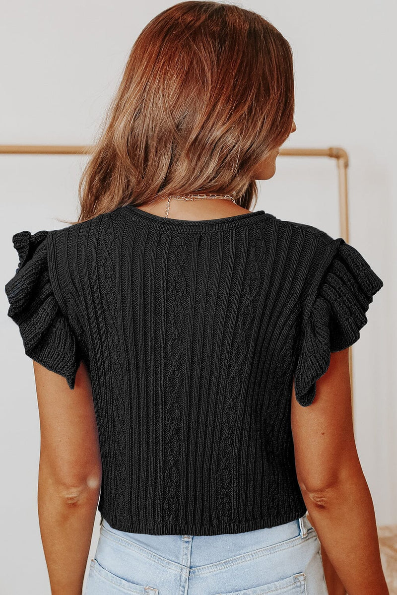 KaleaBoutique Solid Ruffle Sleeve Cable Knit Shirt Round Neck Top - KaleaBoutique.com