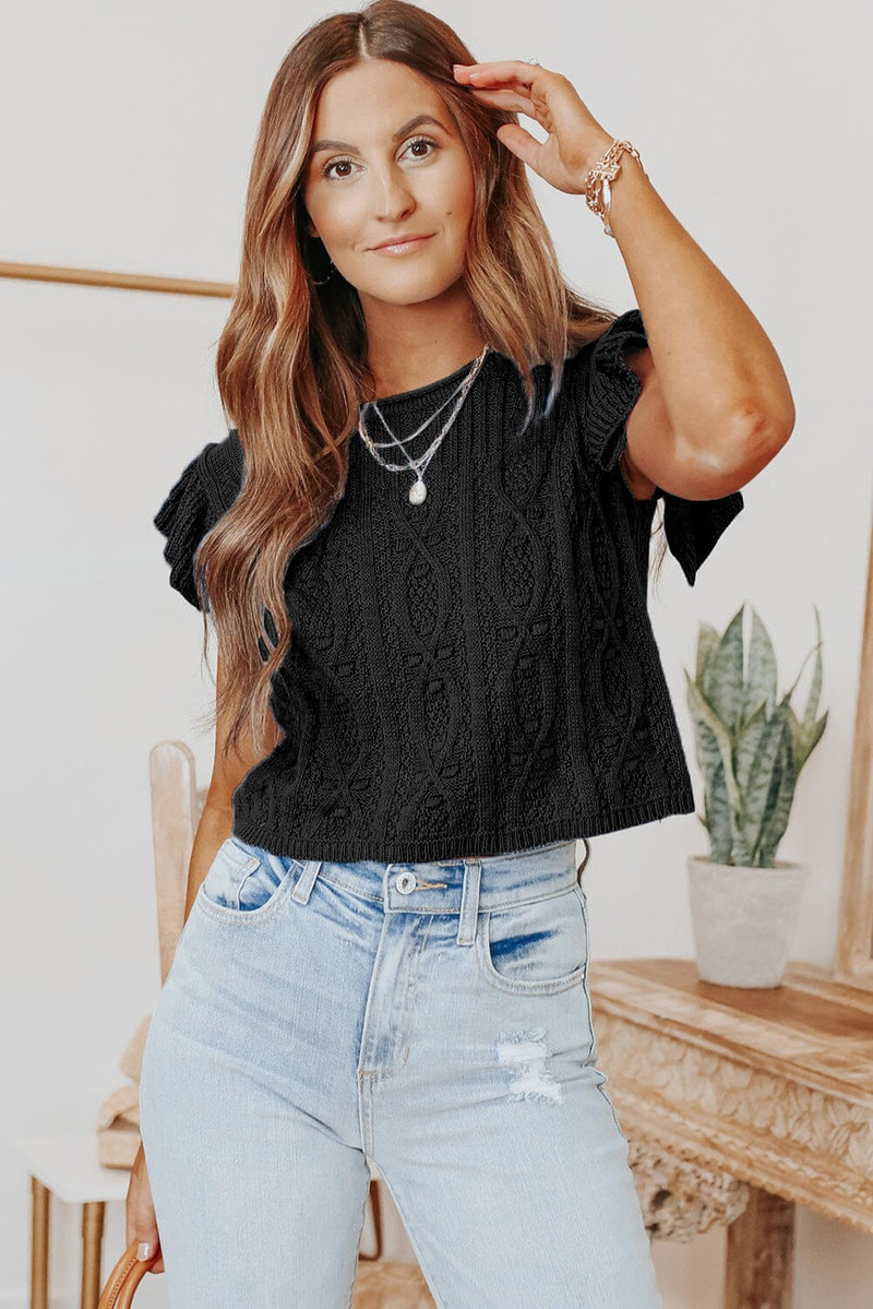 KaleaBoutique Solid Ruffle Sleeve Cable Knit Shirt Round Neck Top - KaleaBoutique.com