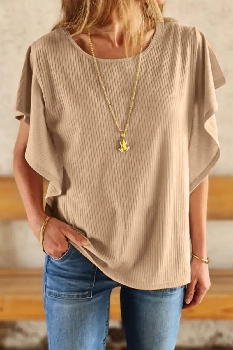 KaleaBoutique Ruffled Cascading Sleeves Shirt Round Neck Ribbed Knit Loose Top - KaleaBoutique.com