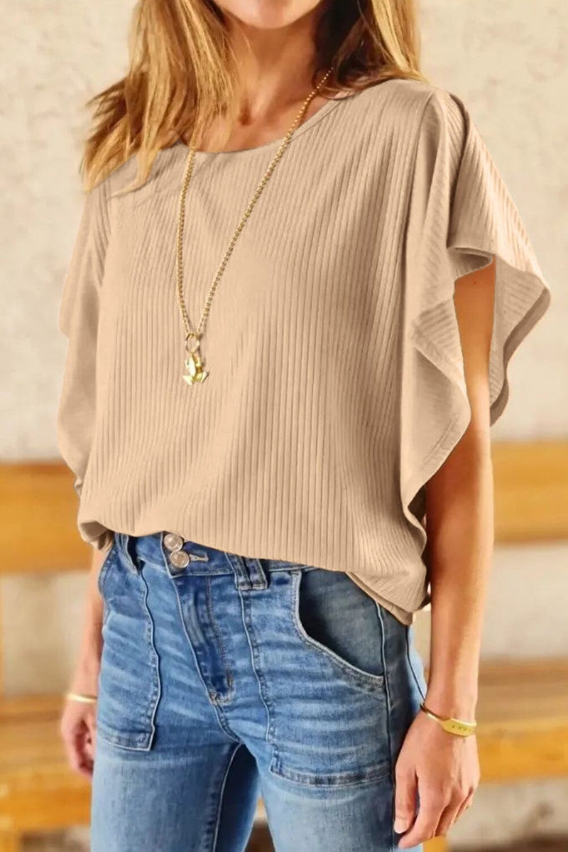 KaleaBoutique Ruffled Cascading Sleeves Shirt Round Neck Ribbed Knit Loose Top - KaleaBoutique.com