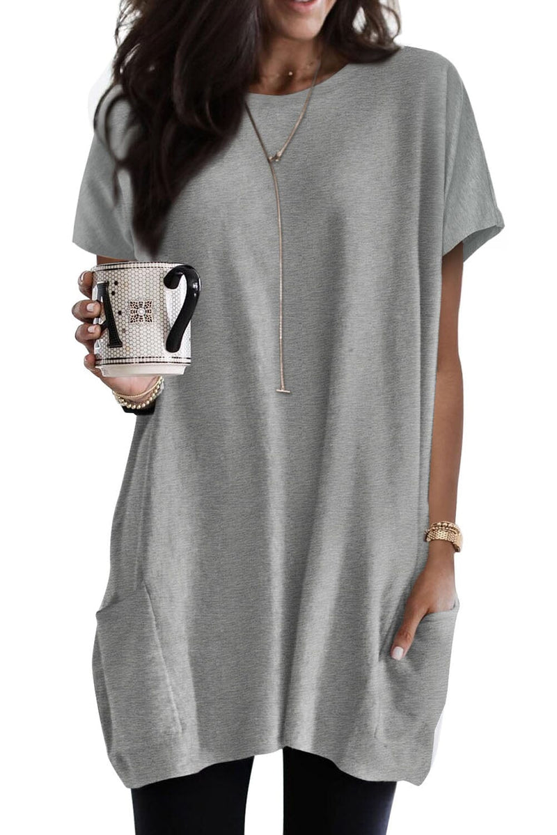 KaleaBoutique Side Pockets Short Sleeve Oversized Tunic Top Relaxed Fit Long Shirt - KaleaBoutique.com