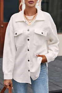 KaleaBoutique Solid Textured Flap Pocket Buttoned Shacket - KaleaBoutique.com
