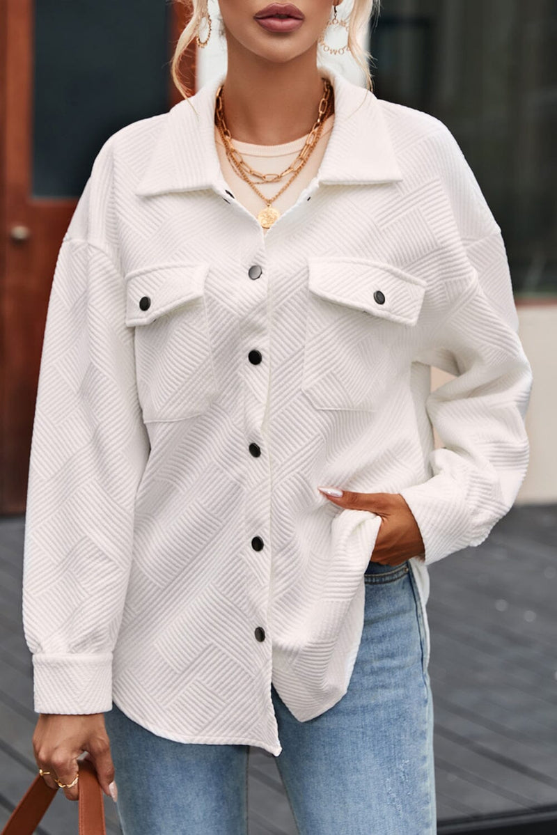 KaleaBoutique Solid Textured Flap Pocket Buttoned Shacket - KaleaBoutique.com