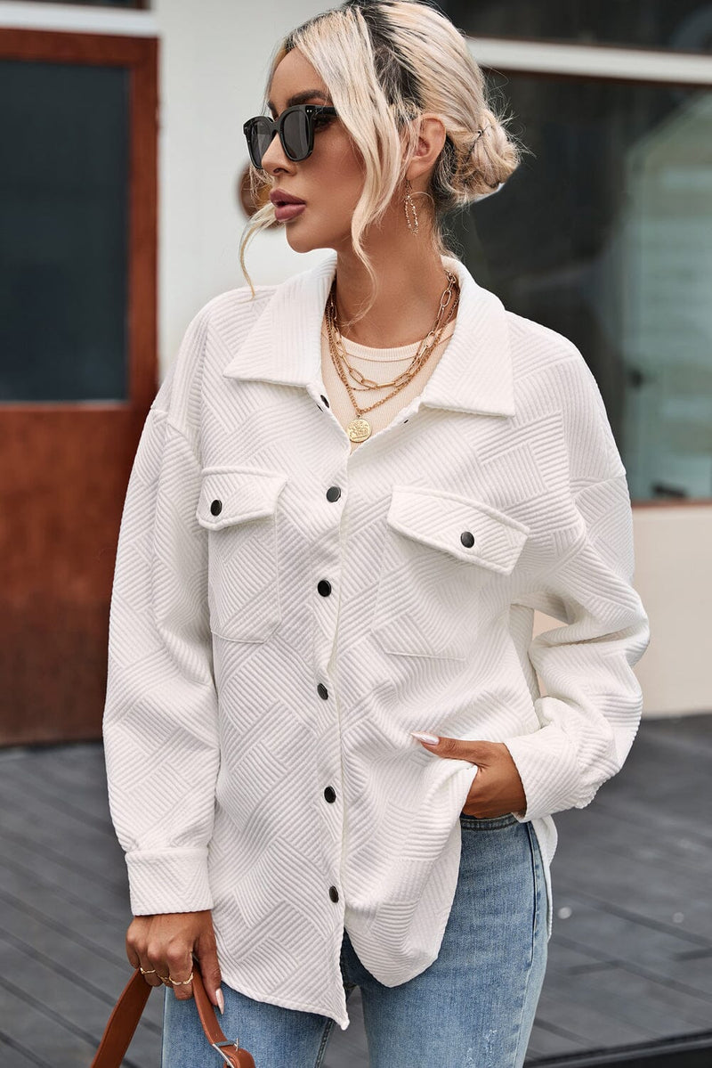 KaleaBoutique Solid Textured Flap Pocket Buttoned Shacket - KaleaBoutique.com