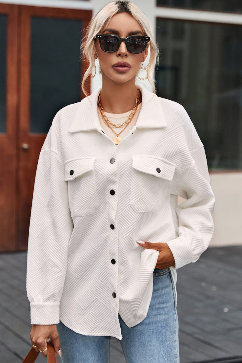KaleaBoutique Solid Textured Flap Pocket Buttoned Shacket - KaleaBoutique.com