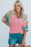 KaleaBoutique Stylish Stripe Color Block Bubble Sleeve Top - KaleaBoutique.com